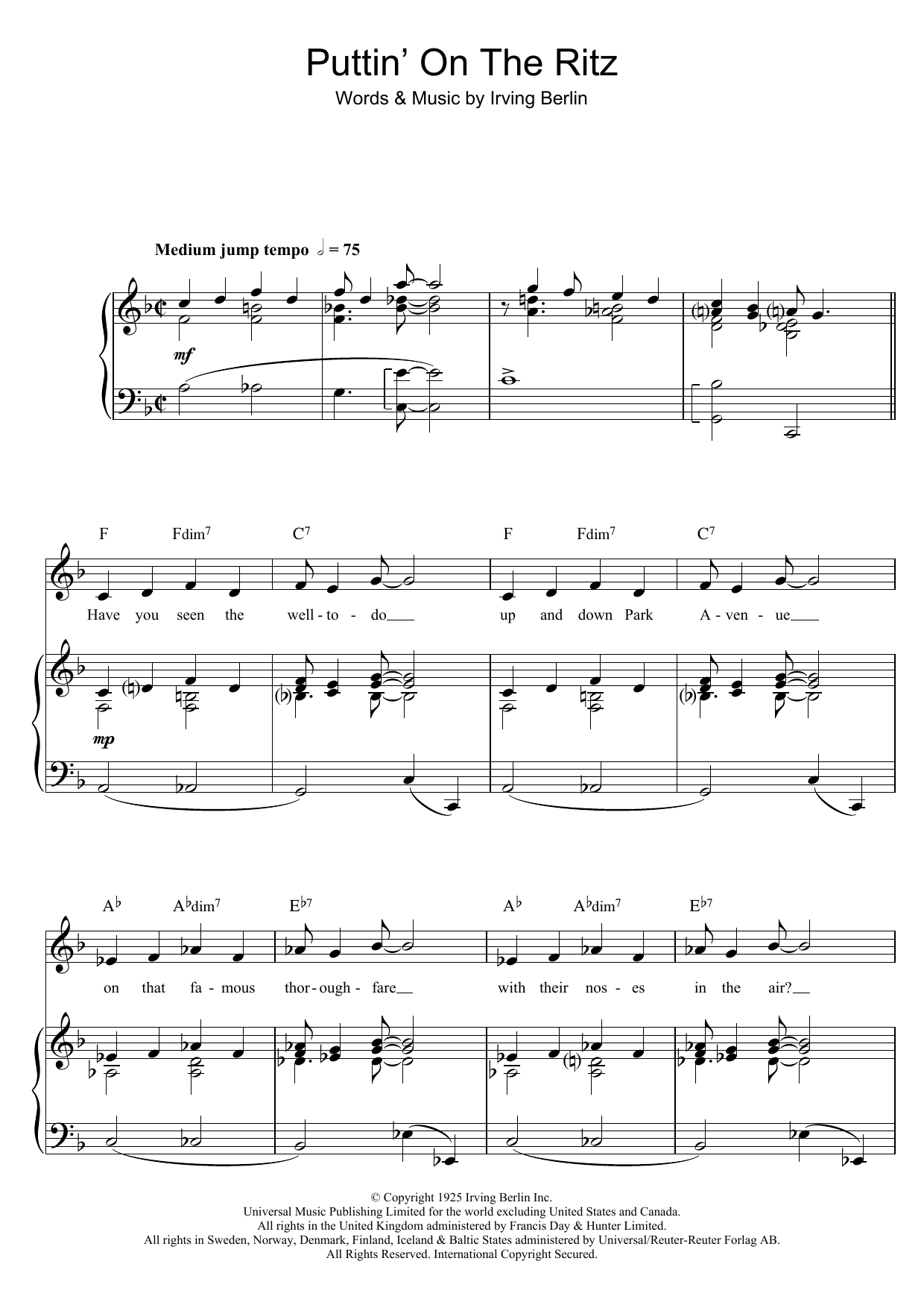 Learn to play Top Hat Cast Puttin' On The Ritz sheet music for Piano, Vocal & Guitar Chords in minutes. Price: 7.8900$ Top Hat Cast Puttin' On The Ritz sheet music notes and chords arranged for Piano, Vocal & Guitar Chords