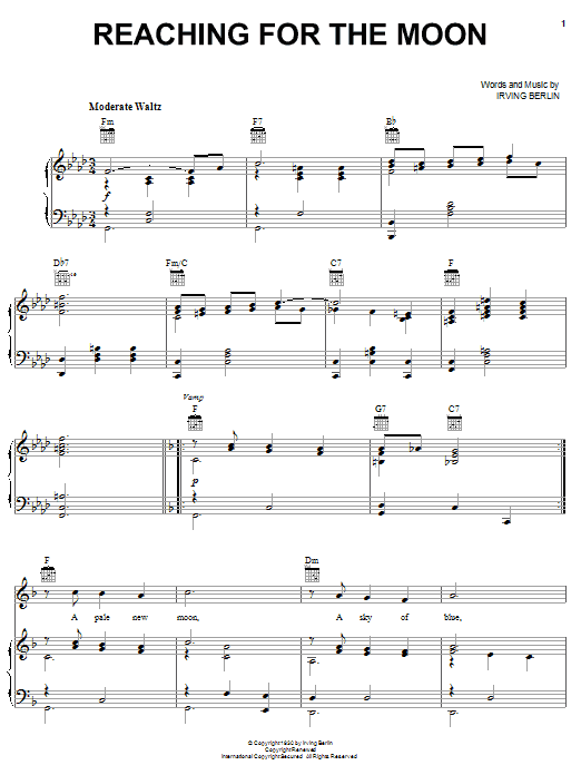 Learn to play Irving Berlin Reaching For The Moon sheet music for Piano, Vocal & Guitar Chords (Right-Hand Melody) in minutes. Price: 7.8900$ Irving Berlin Reaching For The Moon sheet music notes and chords arranged for Piano, Vocal & Guitar Chords (Right-Hand Melody)