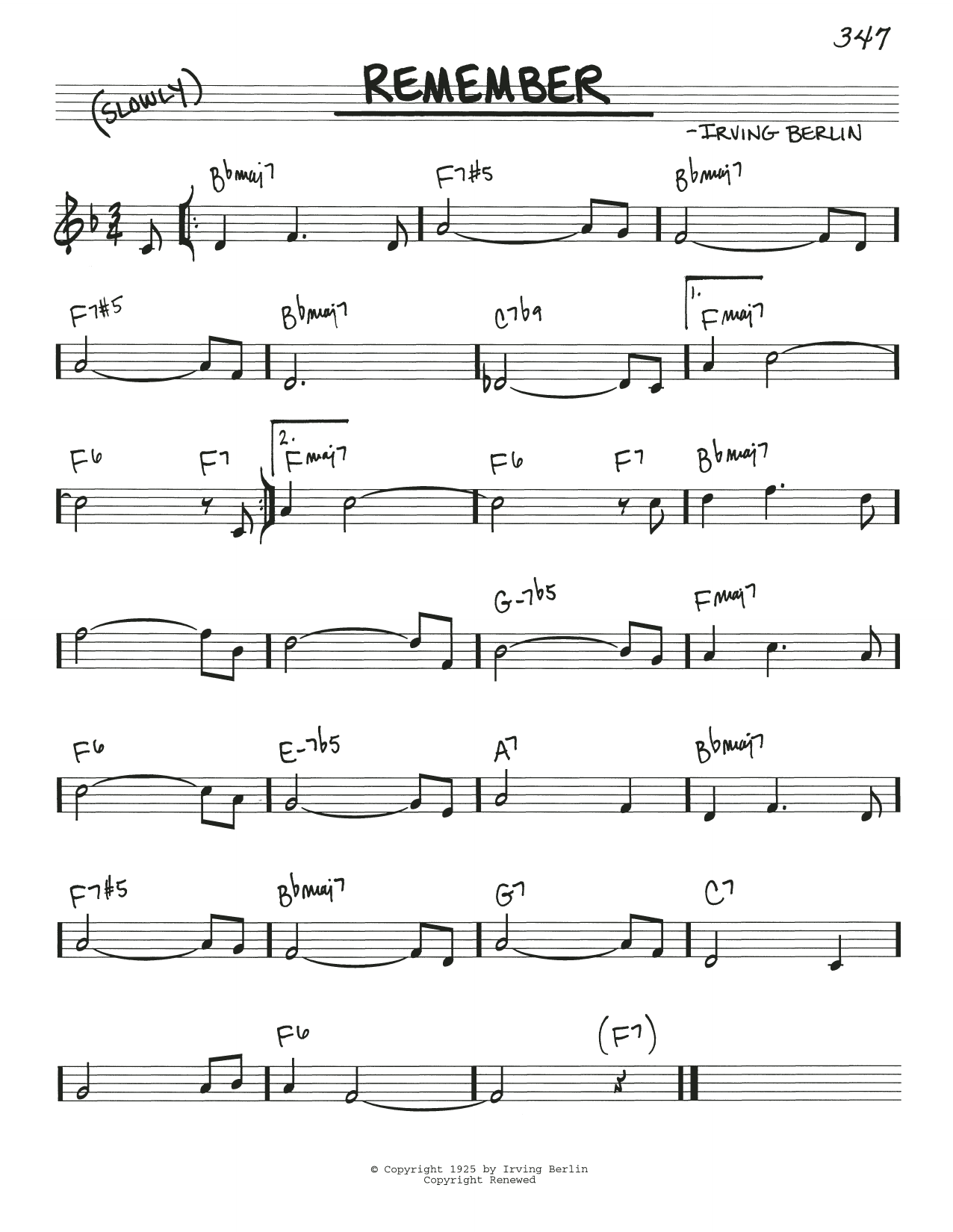 Learn to play Irving Berlin Remember sheet music for Real Book – Melody & Chords in minutes. Price: 5.9900$ Irving Berlin Remember sheet music notes and chords arranged for Real Book – Melody & Chords