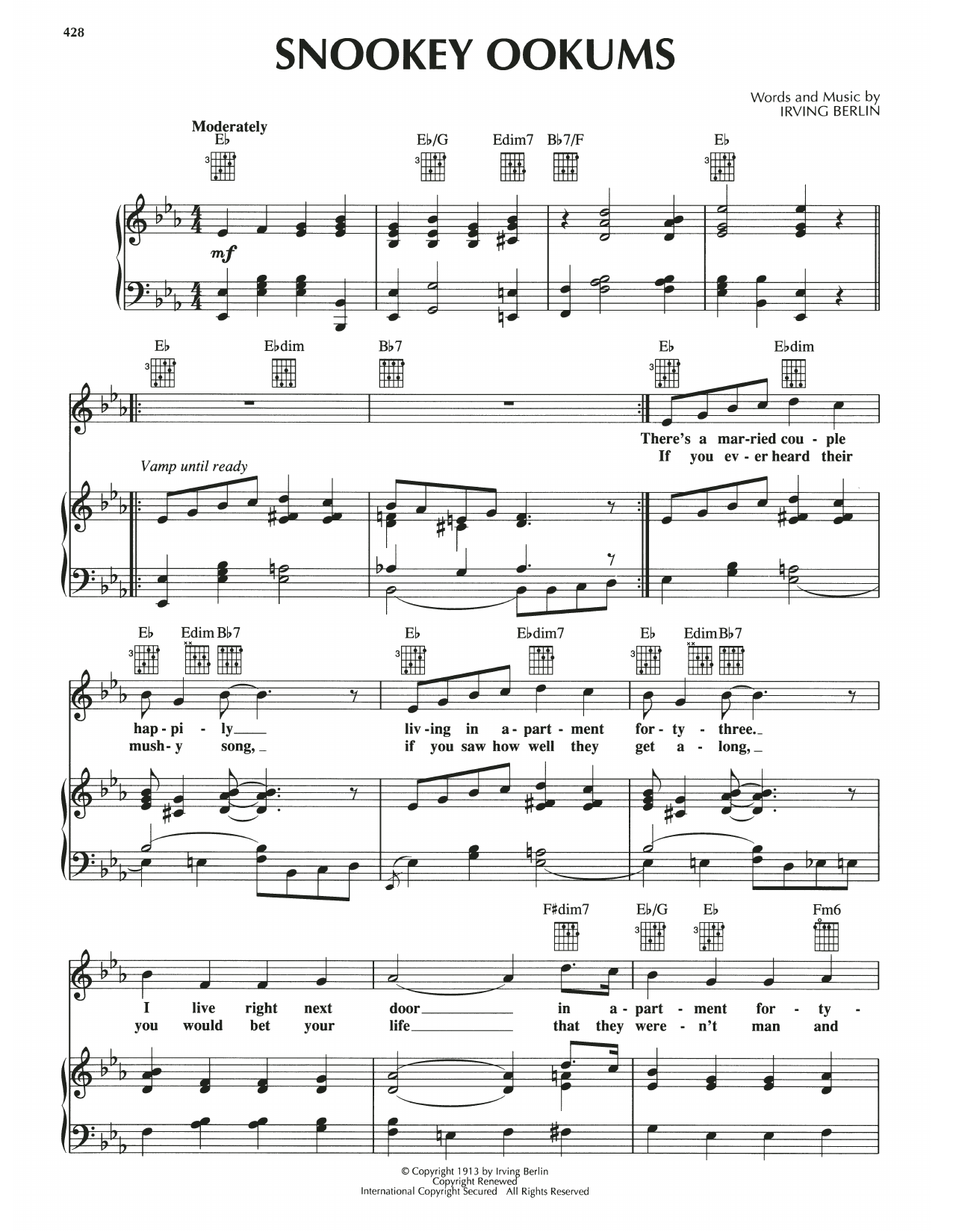 Learn to play Irving Berlin Snookey Ookums sheet music for Piano, Vocal & Guitar Chords (Right-Hand Melody) in minutes. Price: 7.8900$ Irving Berlin Snookey Ookums sheet music notes and chords arranged for Piano, Vocal & Guitar Chords (Right-Hand Melody)