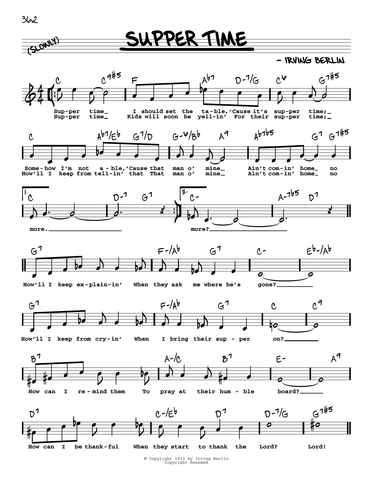 Learn to play Irving Berlin Supper Time (High Voice) sheet music for Real Book – Melody, Lyrics & Chords in minutes. Price: 5.9900$ Irving Berlin Supper Time (High Voice) sheet music notes and chords arranged for Real Book – Melody, Lyrics & Chords