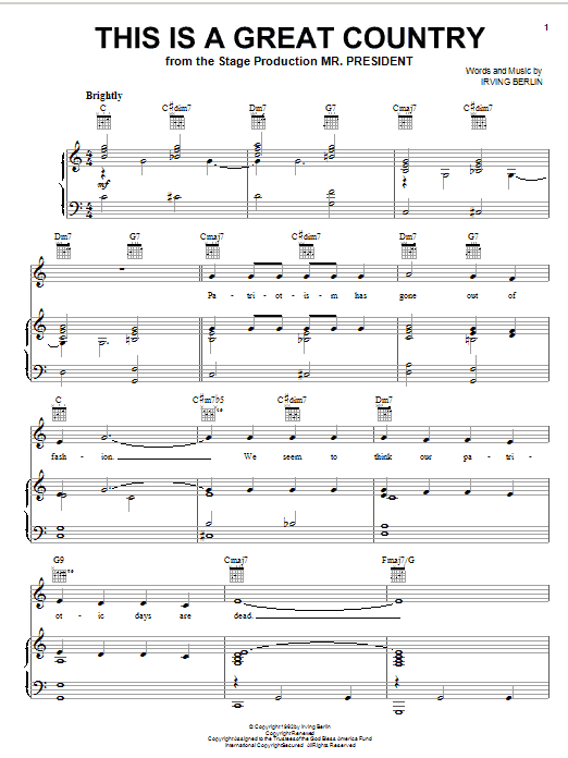 Learn to play Irving Berlin This Is A Great Country sheet music for Piano, Vocal & Guitar Chords (Right-Hand Melody) in minutes. Price: 7.8900$ Irving Berlin This Is A Great Country sheet music notes and chords arranged for Piano, Vocal & Guitar Chords (Right-Hand Melody)