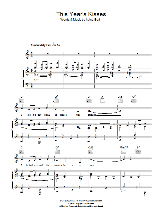 Learn to play Irving Berlin This Year's Kisses sheet music for Real Book – Melody & Chords – C Instruments in minutes. Price: 5.9900$ Irving Berlin This Year's Kisses sheet music notes and chords arranged for Real Book – Melody & Chords – C Instruments