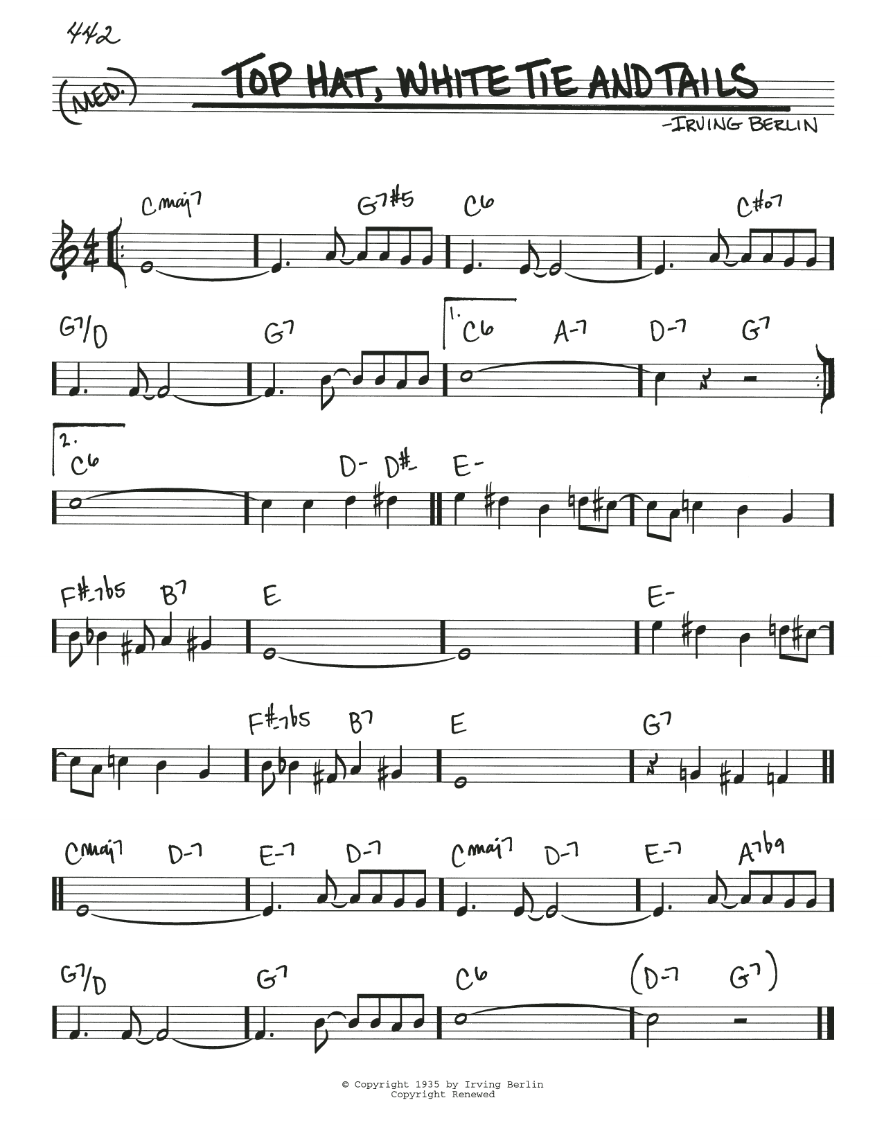 Learn to play Irving Berlin Top Hat, White Tie And Tails sheet music for Real Book – Melody & Chords in minutes. Price: 5.9900$ Irving Berlin Top Hat, White Tie And Tails sheet music notes and chords arranged for Real Book – Melody & Chords