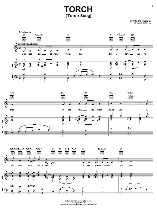 Learn to play Irving Berlin Torch (Torch Song) sheet music for Piano, Vocal & Guitar Chords (Right-Hand Melody) in minutes. Price: 7.8900$ Irving Berlin Torch (Torch Song) sheet music notes and chords arranged for Piano, Vocal & Guitar Chords (Right-Hand Melody)