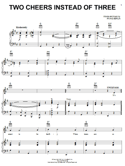 Learn to play Irving Berlin Two Cheers Instead Of Three sheet music for Piano, Vocal & Guitar Chords (Right-Hand Melody) in minutes. Price: 7.8900$ Irving Berlin Two Cheers Instead Of Three sheet music notes and chords arranged for Piano, Vocal & Guitar Chords (Right-Hand Melody)