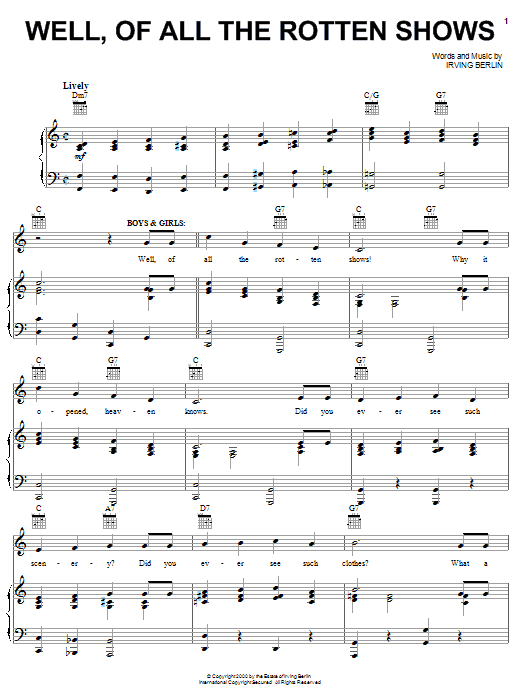 Learn to play Irving Berlin Well, Of All The Rotten Shows sheet music for Piano, Vocal & Guitar Chords (Right-Hand Melody) in minutes. Price: 7.8900$ Irving Berlin Well, Of All The Rotten Shows sheet music notes and chords arranged for Piano, Vocal & Guitar Chords (Right-Hand Melody)