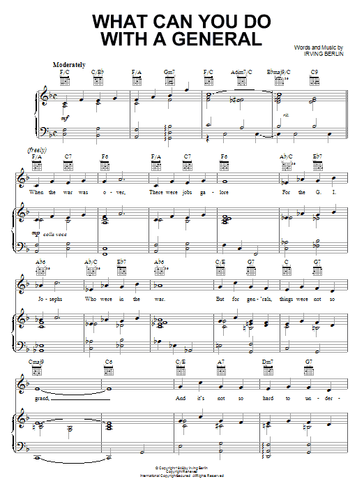 Learn to play Irving Berlin What Can You Do With A General sheet music for Piano, Vocal & Guitar Chords (Right-Hand Melody) in minutes. Price: 7.8900$ Irving Berlin What Can You Do With A General sheet music notes and chords arranged for Piano, Vocal & Guitar Chords (Right-Hand Melody)