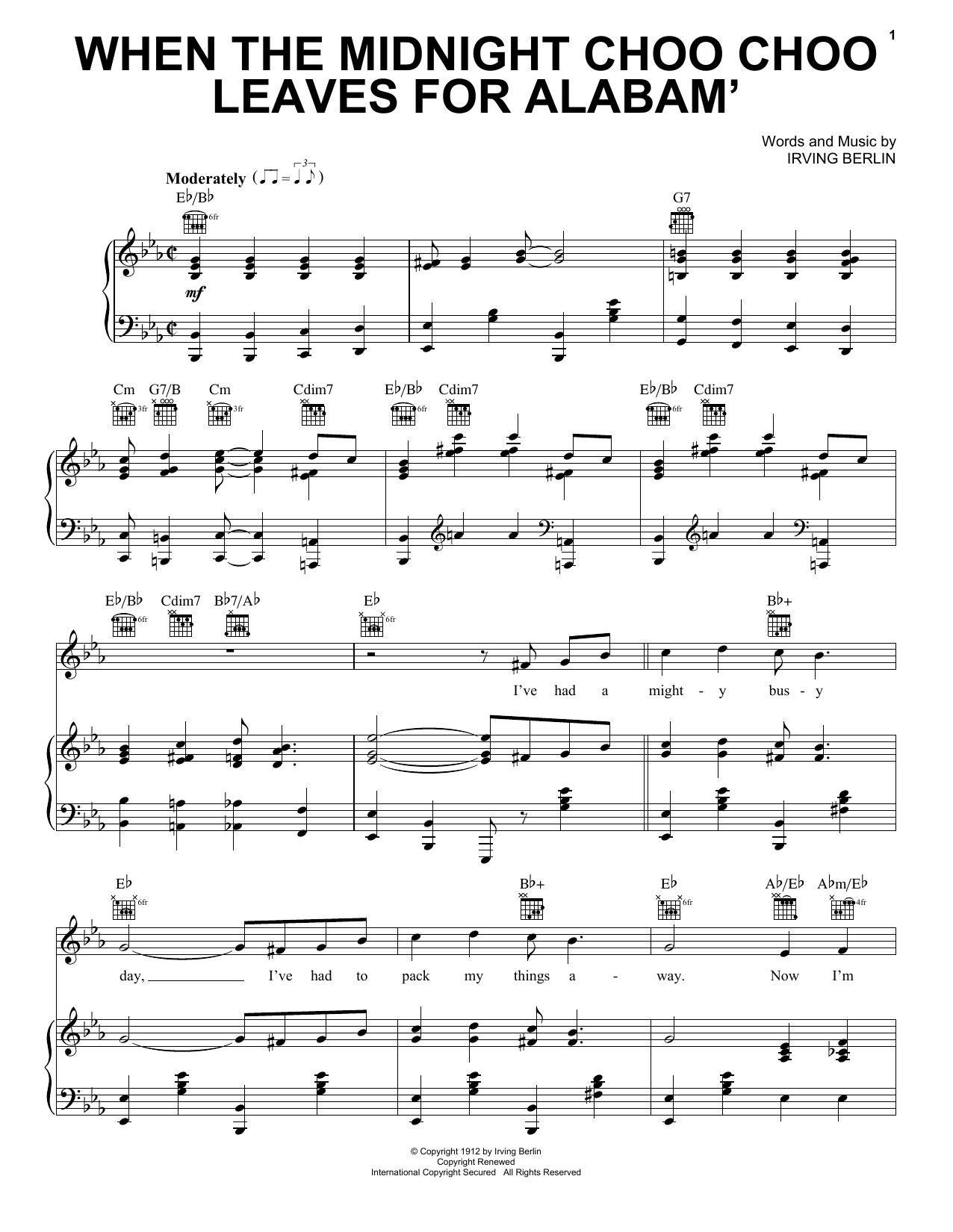 Irving Berlin When The Midnight Choo Choo Leaves For Alabam' (from There's No Business Like Show Business) sheet music notes and chords arranged for Piano, Vocal & Guitar Chords (Right-Hand Melody)