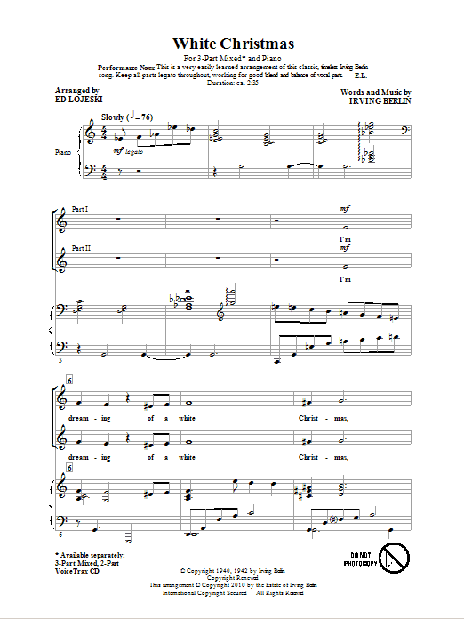 Irving Berlin White Christmas (arr. Ed Lojeski) sheet music notes and chords. Download Printable PDF.