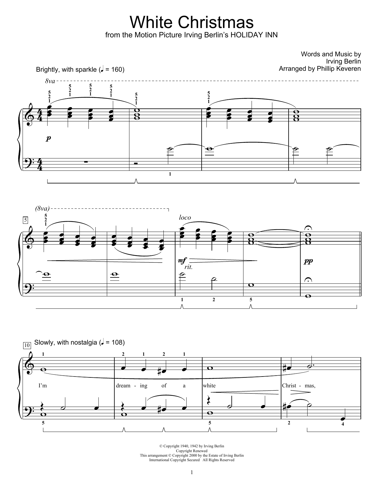 Irving Berlin White Christmas (arr. Phillip Keveren) sheet music notes and chords. Download Printable PDF.