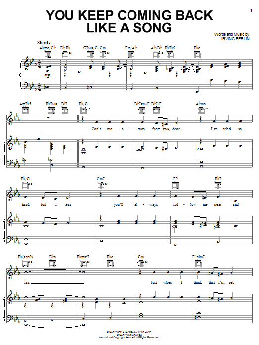 Learn to play Irving Berlin You Keep Coming Back Like A Song sheet music for Piano, Vocal & Guitar Chords (Right-Hand Melody) in minutes. Price: 7.8900$ Irving Berlin You Keep Coming Back Like A Song sheet music notes and chords arranged for Piano, Vocal & Guitar Chords (Right-Hand Melody)