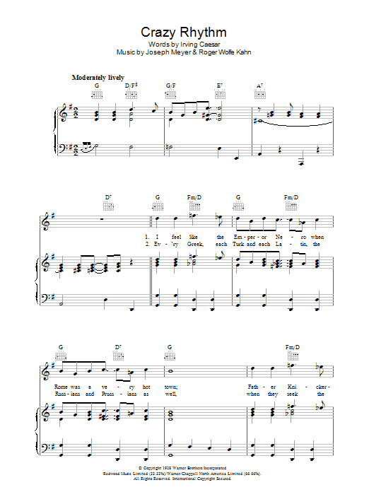 Learn to play Irving Caesar Crazy Rhythm sheet music for Piano, Vocal & Guitar Chords in minutes. Price: 7.8900$ Irving Caesar Crazy Rhythm sheet music notes and chords arranged for Piano, Vocal & Guitar Chords