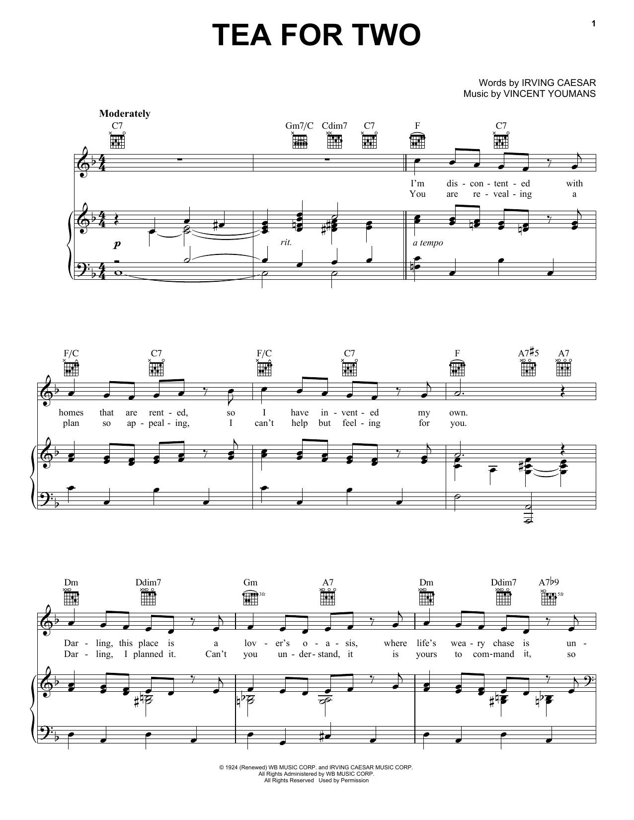 Irving Caesar Tea For Two sheet music notes and chords. Download Printable PDF.