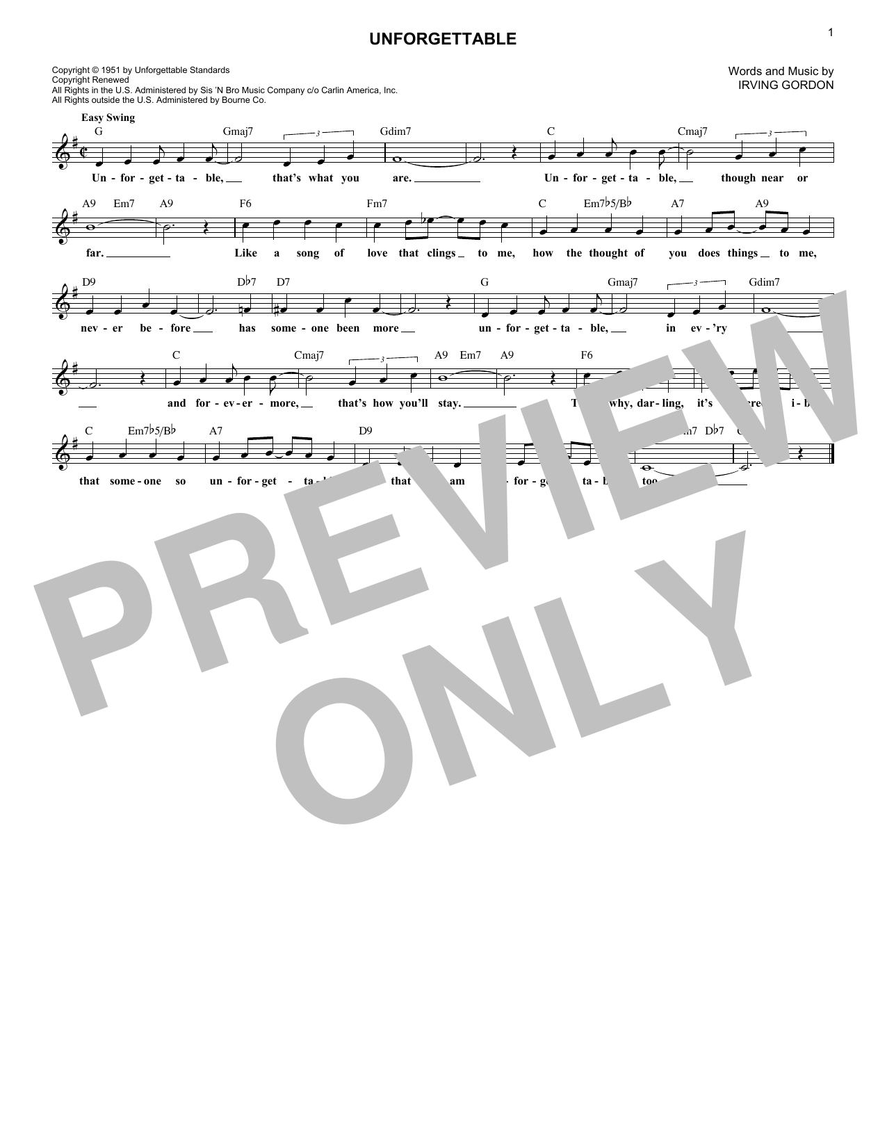 Irving Gordon Unforgettable sheet music notes and chords. Download Printable PDF.