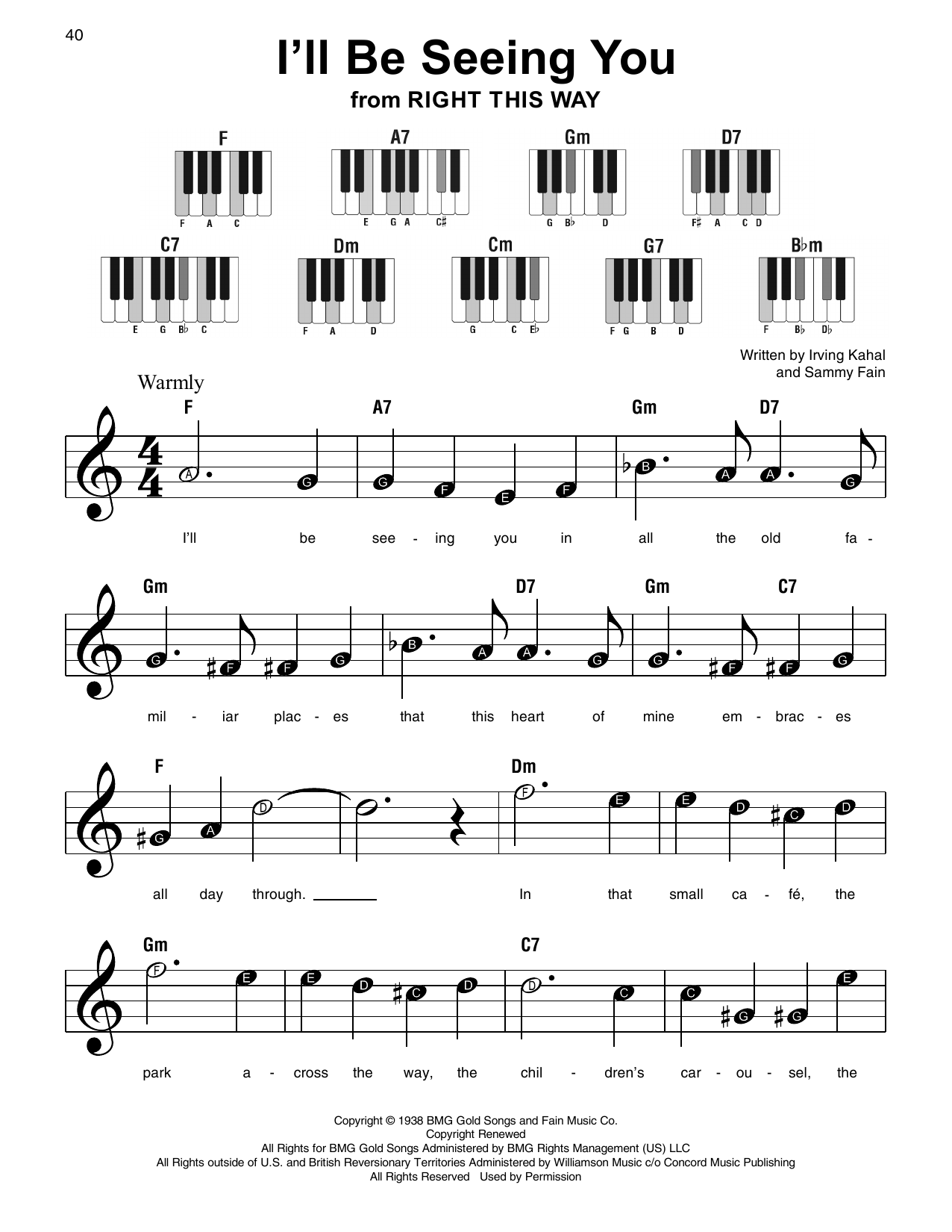 Irving Kahal & Sammy Fain I'll Be Seeing You (from Right This Way) sheet music notes and chords. Download Printable PDF.