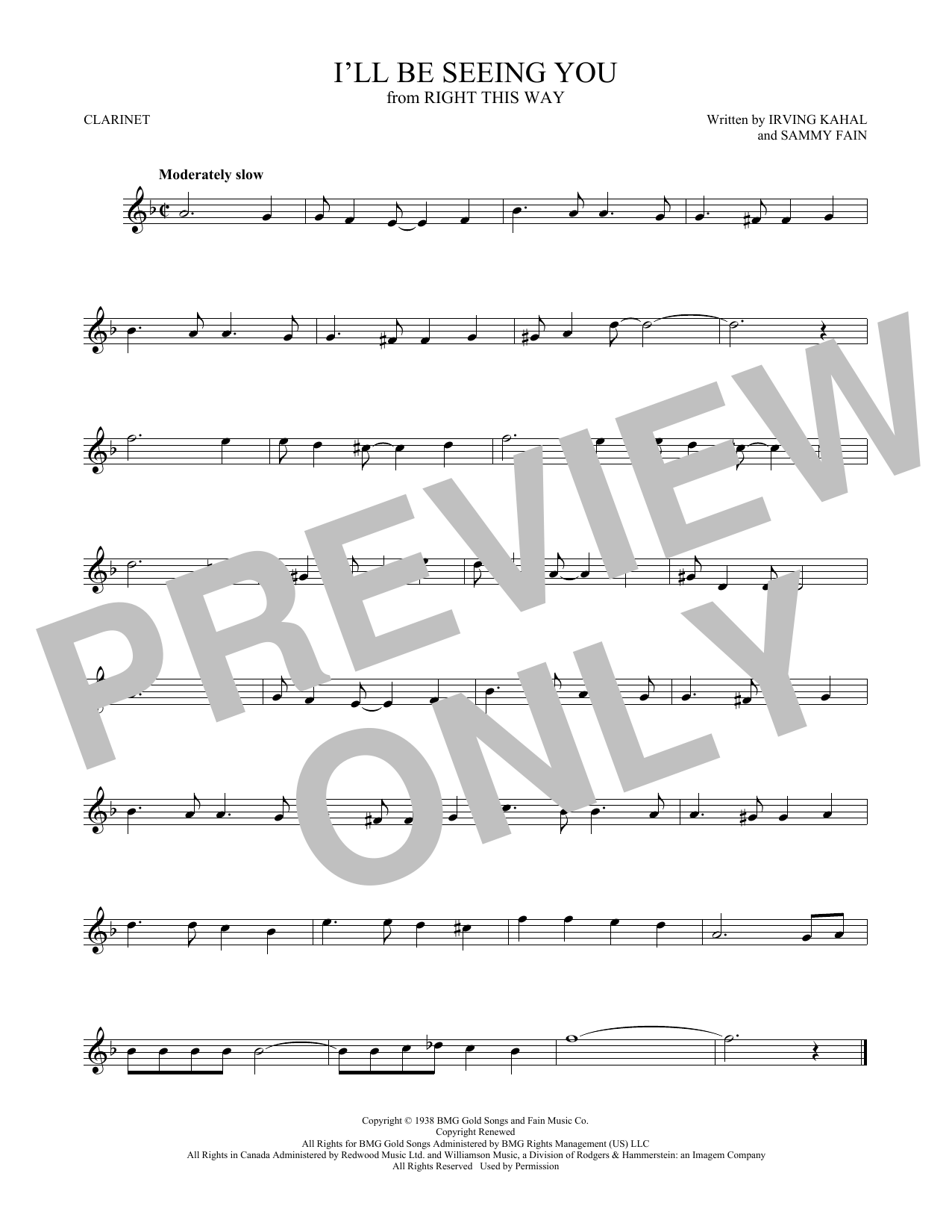 Irving Kahal & Sammy Fain I'll Be Seeing You sheet music notes and chords arranged for Clarinet Solo