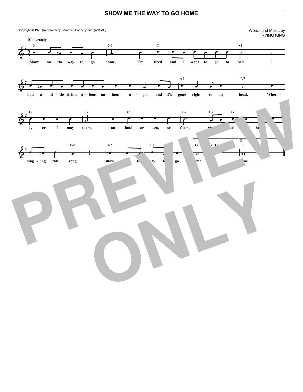 Irving King Show Me The Way To Go Home sheet music notes and chords. Download Printable PDF.