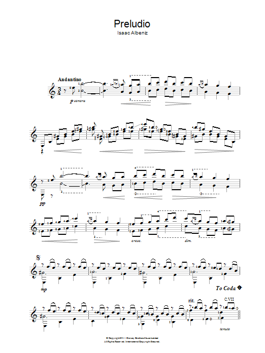 Isaac Albeniz Preludio sheet music notes and chords. Download Printable PDF.