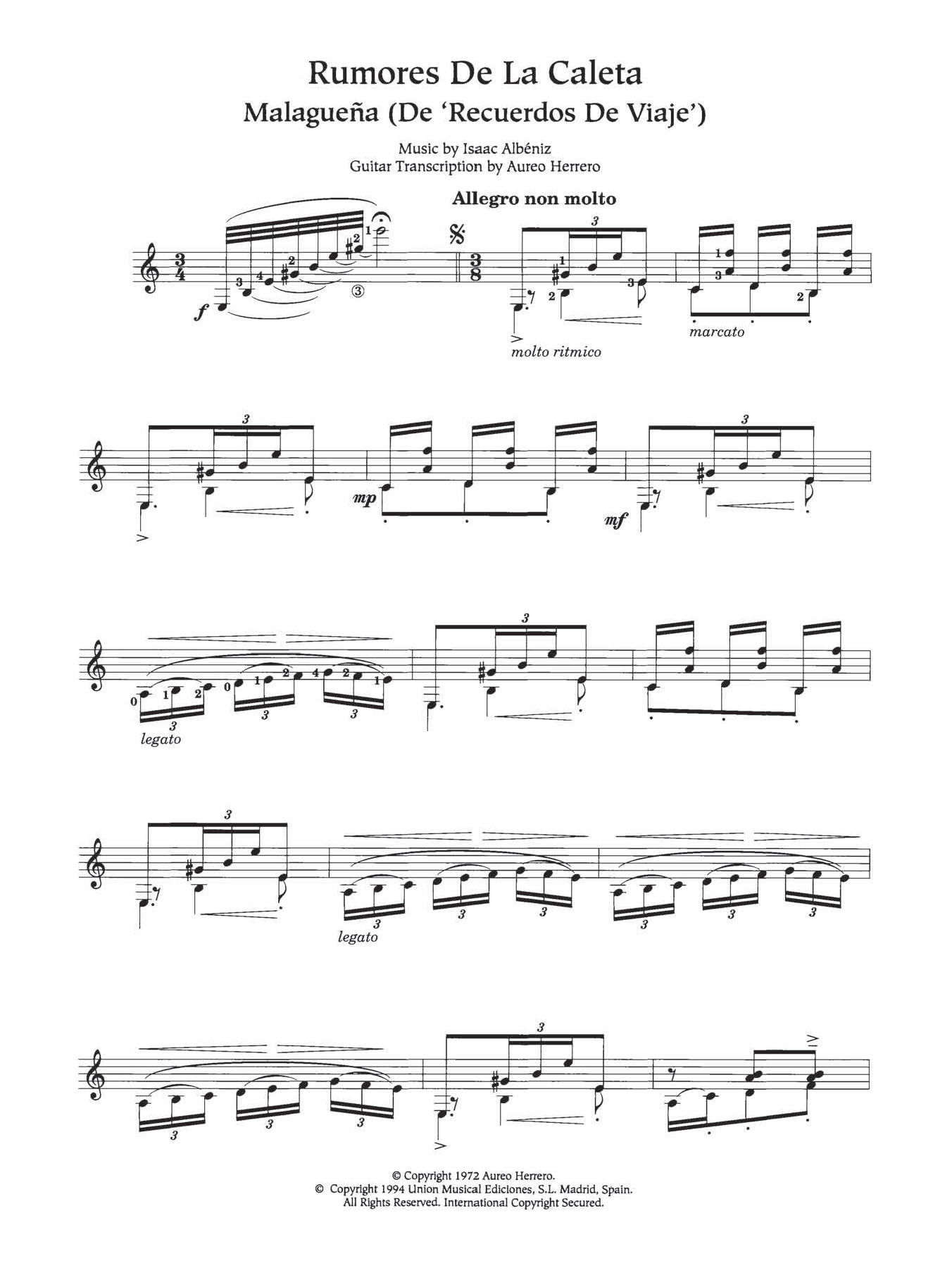 Isaac Albeniz Rumores De La Caleta sheet music notes and chords. Download Printable PDF.