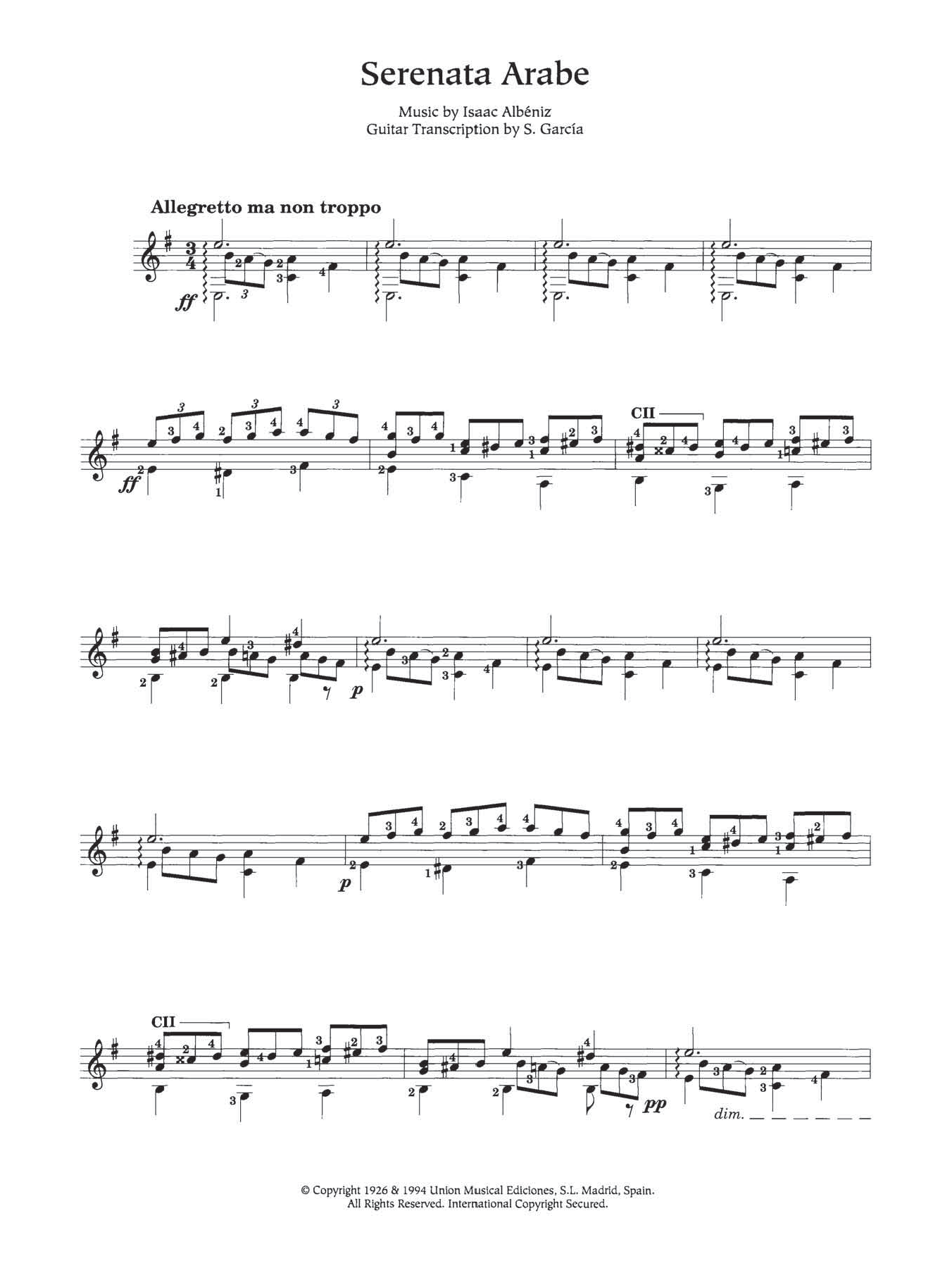 Isaac Albeniz Serenata Arabe sheet music notes and chords arranged for Easy Guitar