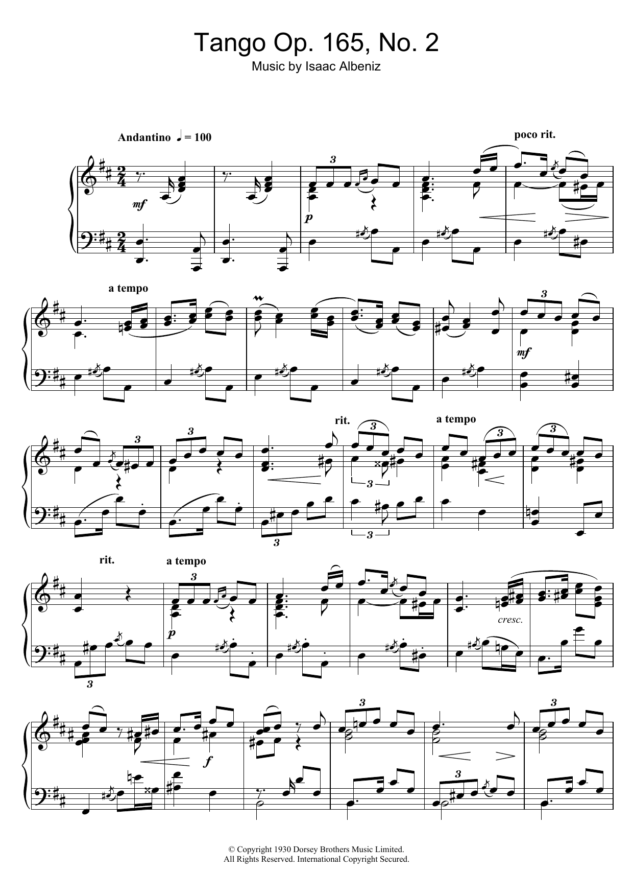 Isaac Albeniz Tango Op. 165, No. 2 sheet music notes and chords arranged for Piano Solo