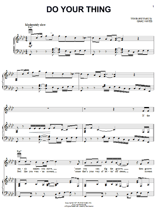 Learn to play Isaac Hayes Do Your Thing sheet music for Piano, Vocal & Guitar Chords (Right-Hand Melody) in minutes. Price: 7.8900$ Isaac Hayes Do Your Thing sheet music notes and chords arranged for Piano, Vocal & Guitar Chords (Right-Hand Melody)