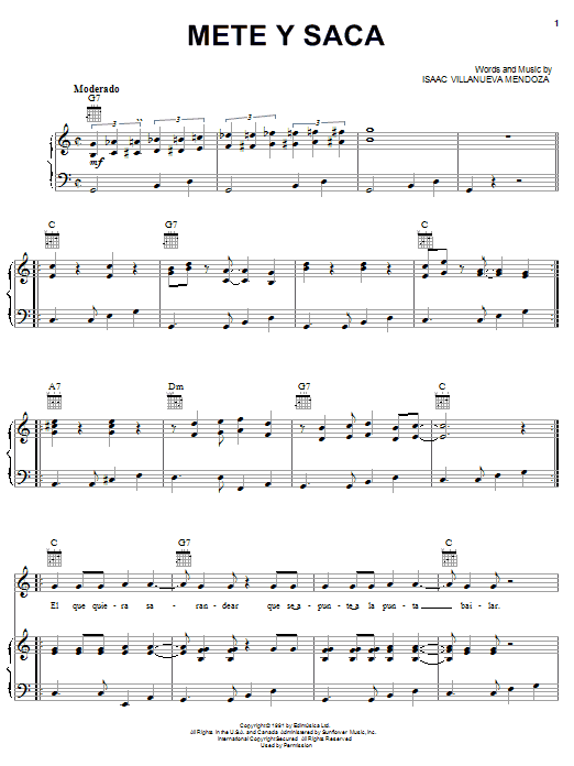 Learn to play Isaac Villanueva Mendoza Mete Y Saca sheet music for Piano, Vocal & Guitar Chords (Right-Hand Melody) in minutes. Price: 7.8900$ Isaac Villanueva Mendoza Mete Y Saca sheet music notes and chords arranged for Piano, Vocal & Guitar Chords (Right-Hand Melody)