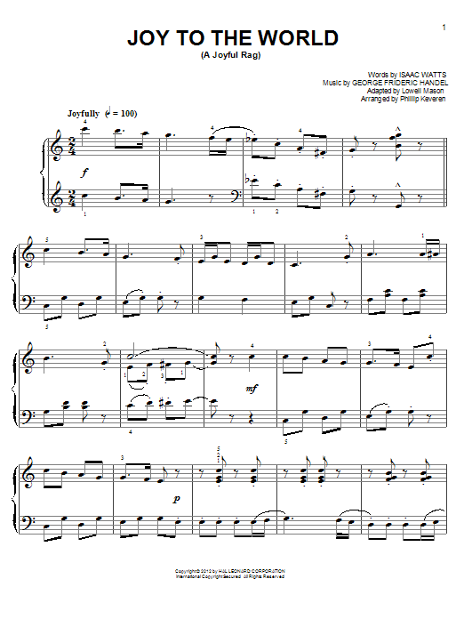 Isaac Watts and George Frideric Handel Joy To The World [Ragtime version] (arr. Phillip Keveren) sheet music notes and chords. Download Printable PDF.