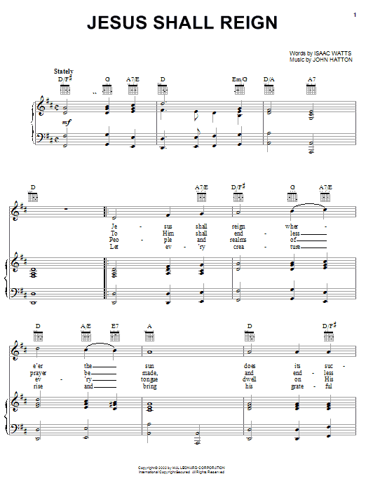 Isaac Watts Jesus Shall Reign (Where'er The Sun) sheet music notes and chords arranged for Piano, Vocal & Guitar Chords (Right-Hand Melody)