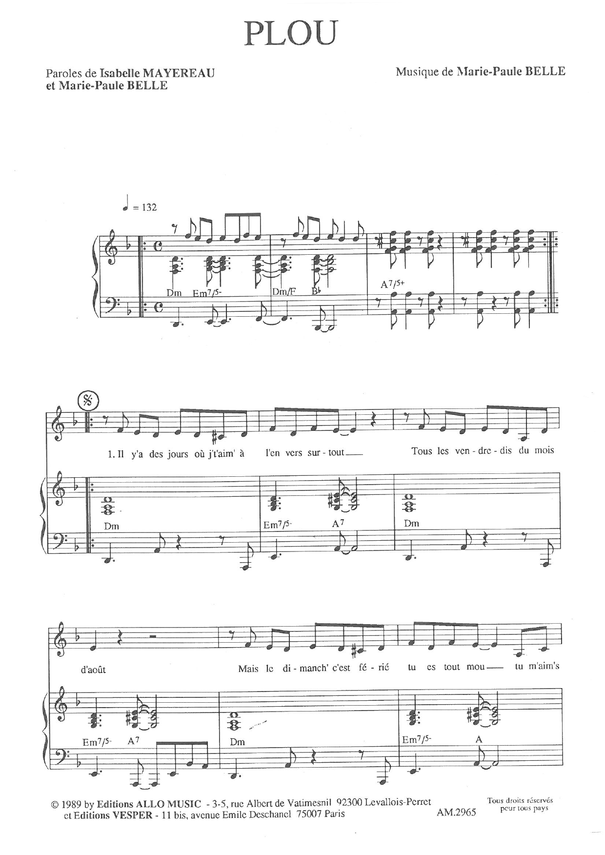 Learn to play Isabelle Mayereau and Marie Paule Belle Plou sheet music for Piano & Vocal in minutes. Price: 7.8900$ Isabelle Mayereau and Marie Paule Belle Plou sheet music notes and chords arranged for Piano & Vocal