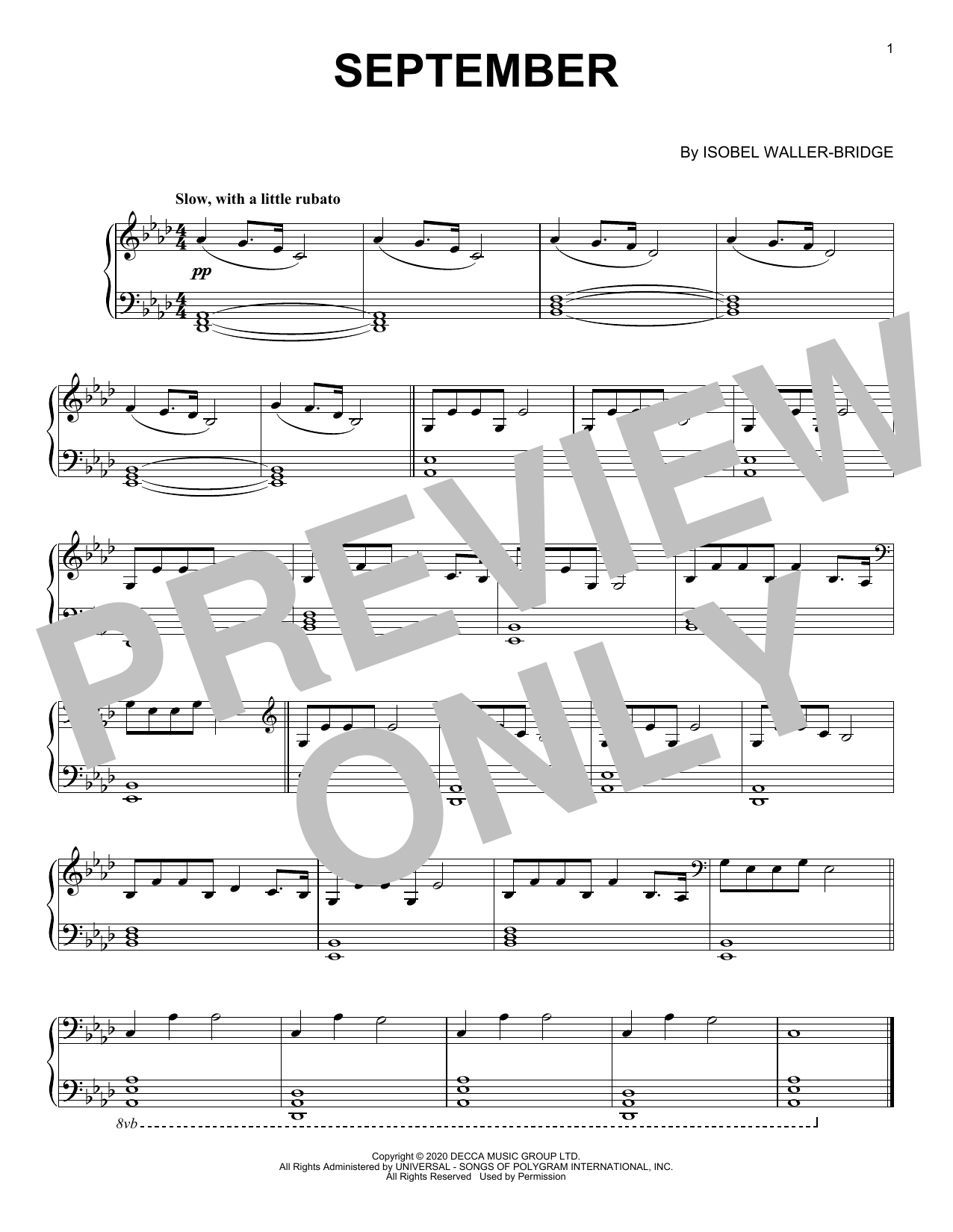 Learn to play Isobel Waller-Bridge September sheet music for Piano Solo in minutes. Price: 7.8900$ Isobel Waller-Bridge September sheet music notes and chords arranged for Piano Solo