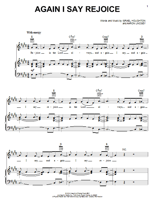 Learn to play Israel Houghton Again I Say Rejoice sheet music for Piano, Vocal & Guitar Chords (Right-Hand Melody) in minutes. Price: 7.8900$ Israel Houghton Again I Say Rejoice sheet music notes and chords arranged for Piano, Vocal & Guitar Chords (Right-Hand Melody)