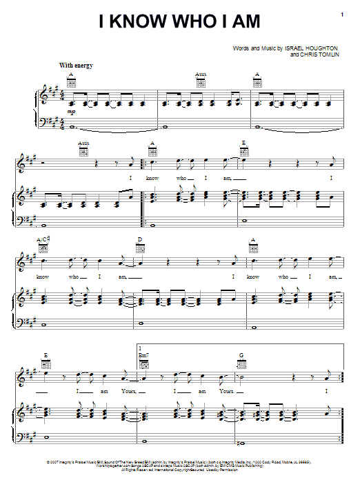 Learn to play Israel Houghton I Know Who I Am sheet music for Piano, Vocal & Guitar Chords (Right-Hand Melody) in minutes. Price: 7.8900$ Israel Houghton I Know Who I Am sheet music notes and chords arranged for Piano, Vocal & Guitar Chords (Right-Hand Melody)