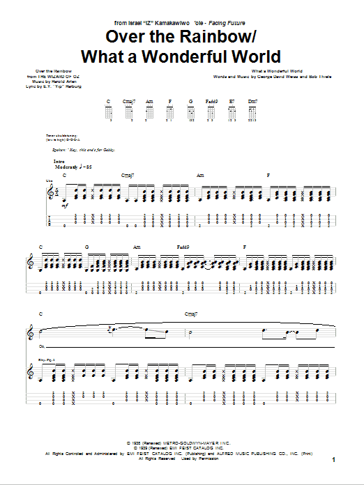 Israel ''Iz'' Kamakawiwo'ole Over The Rainbow / What A Wonderful World sheet music notes and chords. Download Printable PDF.