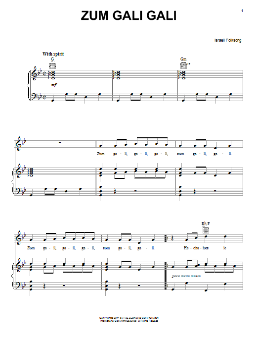 Learn to play Israeli Folk Song Zum Gali Gali sheet music for Piano, Vocal & Guitar Chords (Right-Hand Melody) in minutes. Price: 7.8900$ Israeli Folk Song Zum Gali Gali sheet music notes and chords arranged for Piano, Vocal & Guitar Chords (Right-Hand Melody)