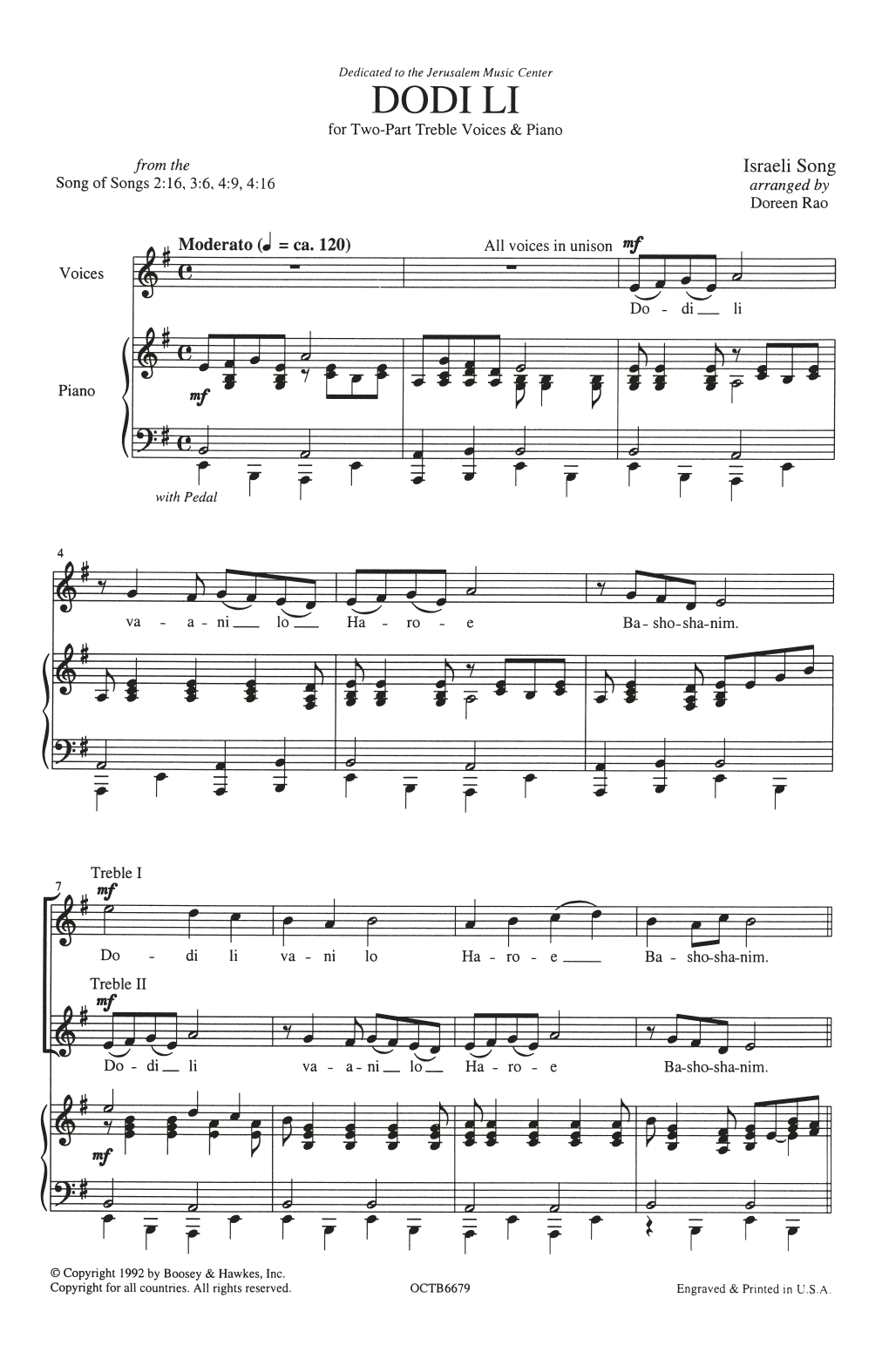 Israeli Song Dodi Li (arr. Doreen Rao) sheet music notes and chords. Download Printable PDF.