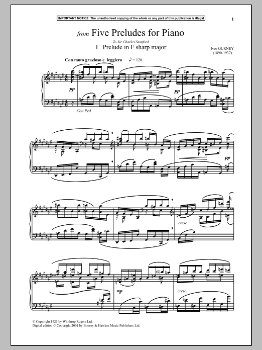 Ivor Gurney Five Preludes For Piano, I. Prelude In F-Sharp Major sheet music notes and chords arranged for Piano Solo