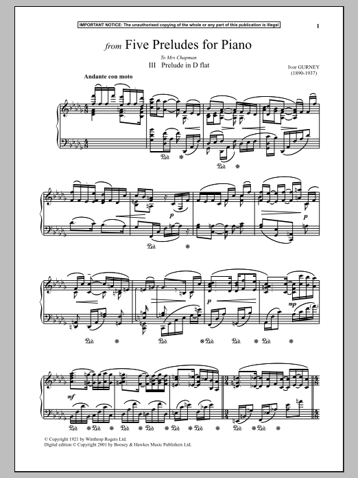 Learn to play Ivor Gurney Five Preludes For Piano, III. Prelude In D-Flat sheet music for Piano Solo in minutes. Price: 7.8900$ Ivor Gurney Five Preludes For Piano, III. Prelude In D-Flat sheet music notes and chords arranged for Piano Solo