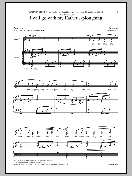 Learn to play Ivor Gurney I Will Go With My Father A-Ploughing sheet music for Piano & Vocal in minutes. Price: 7.8900$ Ivor Gurney I Will Go With My Father A-Ploughing sheet music notes and chords arranged for Piano & Vocal