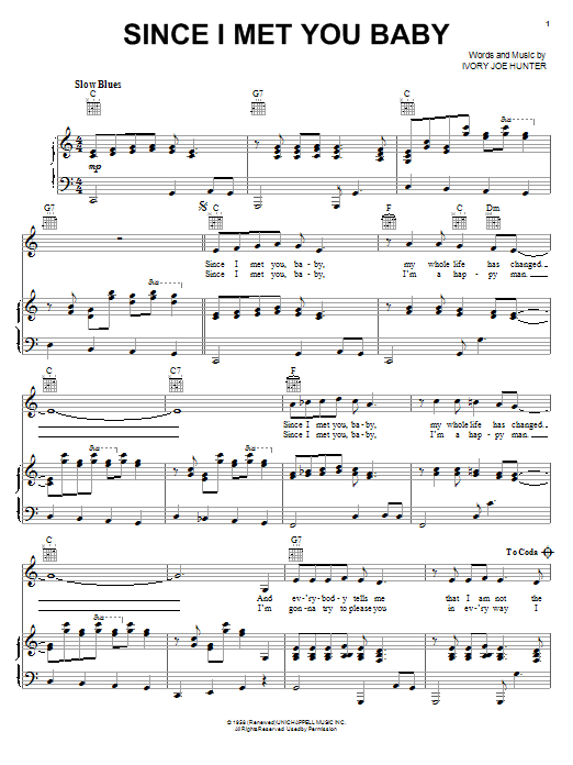Learn to play Ivory Joe Hunter Since I Met You Baby sheet music for Real Book – Melody & Chords in minutes. Price: 5.9900$ Ivory Joe Hunter Since I Met You Baby sheet music notes and chords arranged for Real Book – Melody & Chords