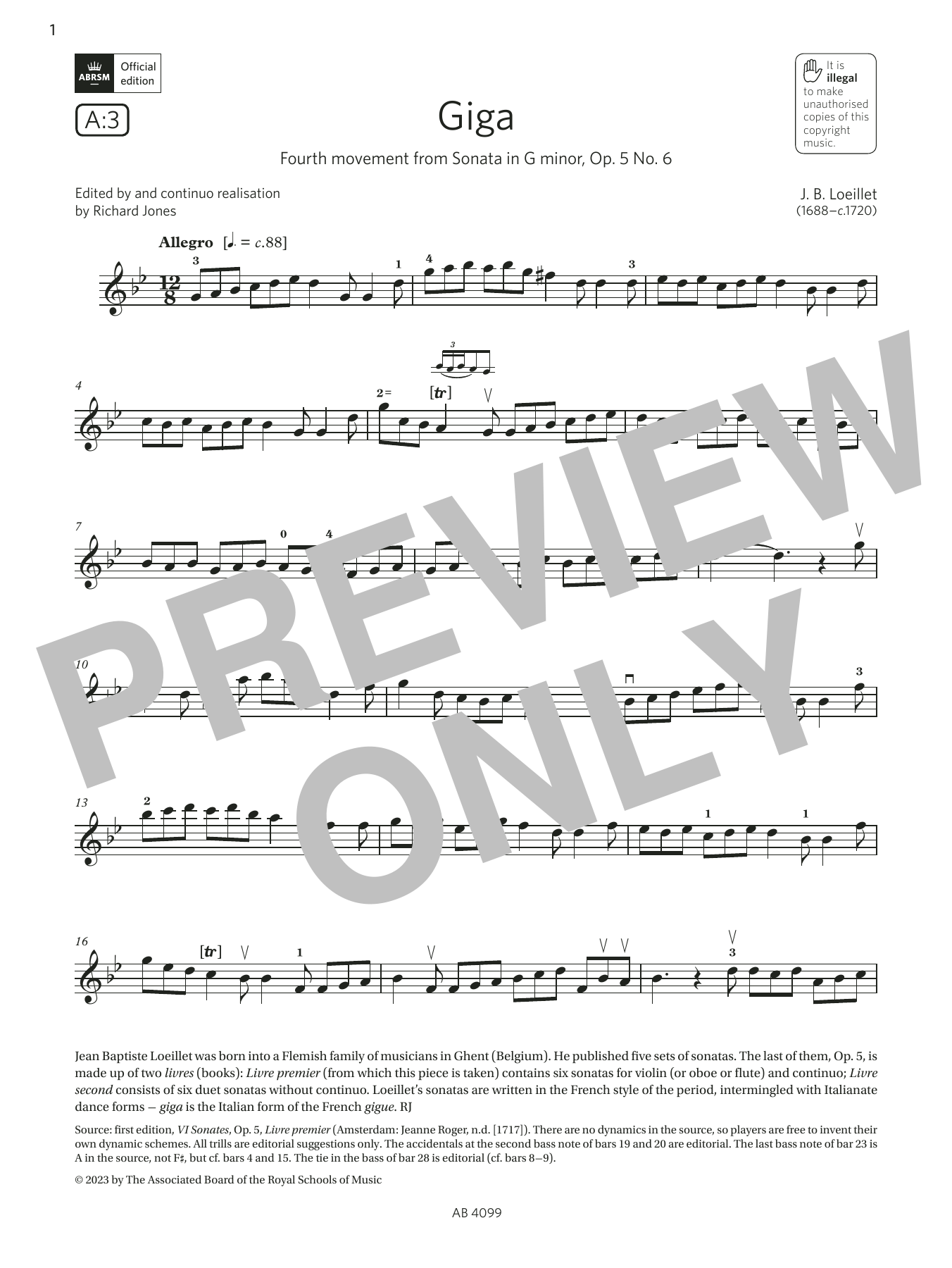 J. B. Loeillet Giga (Grade 5, A3, from the ABRSM Violin Syllabus from 2024) sheet music notes and chords. Download Printable PDF.