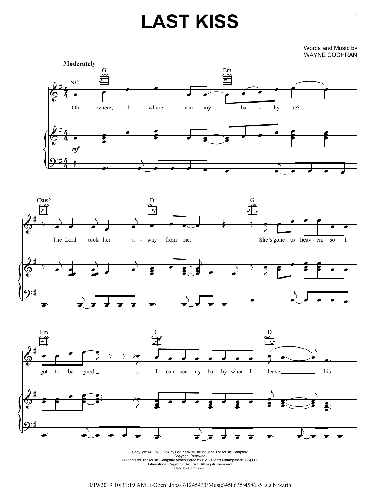 J. Frank Wilson Last Kiss sheet music notes and chords. Download Printable PDF.