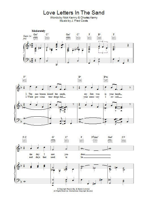 Learn to play J. Fred Coots Love Letters In The Sand sheet music for Piano, Vocal & Guitar Chords in minutes. Price: 7.8900$ J. Fred Coots Love Letters In The Sand sheet music notes and chords arranged for Piano, Vocal & Guitar Chords