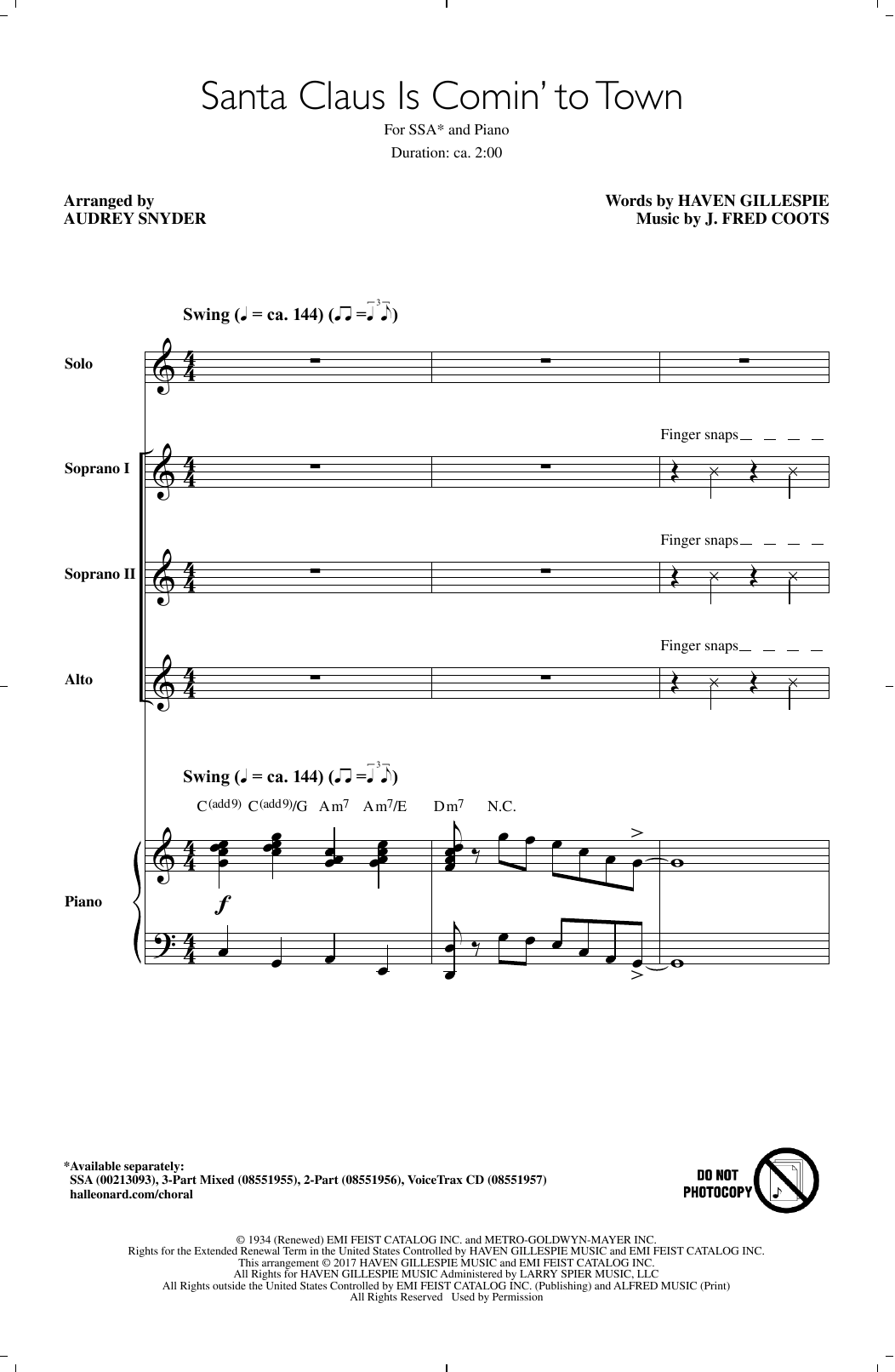 Learn to play J. Fred Coots Santa Claus Is Comin' To Town (arr. Audrey Snyder) sheet music for SSA Choir in minutes. Price: 3.9900$ J. Fred Coots Santa Claus Is Comin' To Town (arr. Audrey Snyder) sheet music notes and chords arranged for SSA Choir