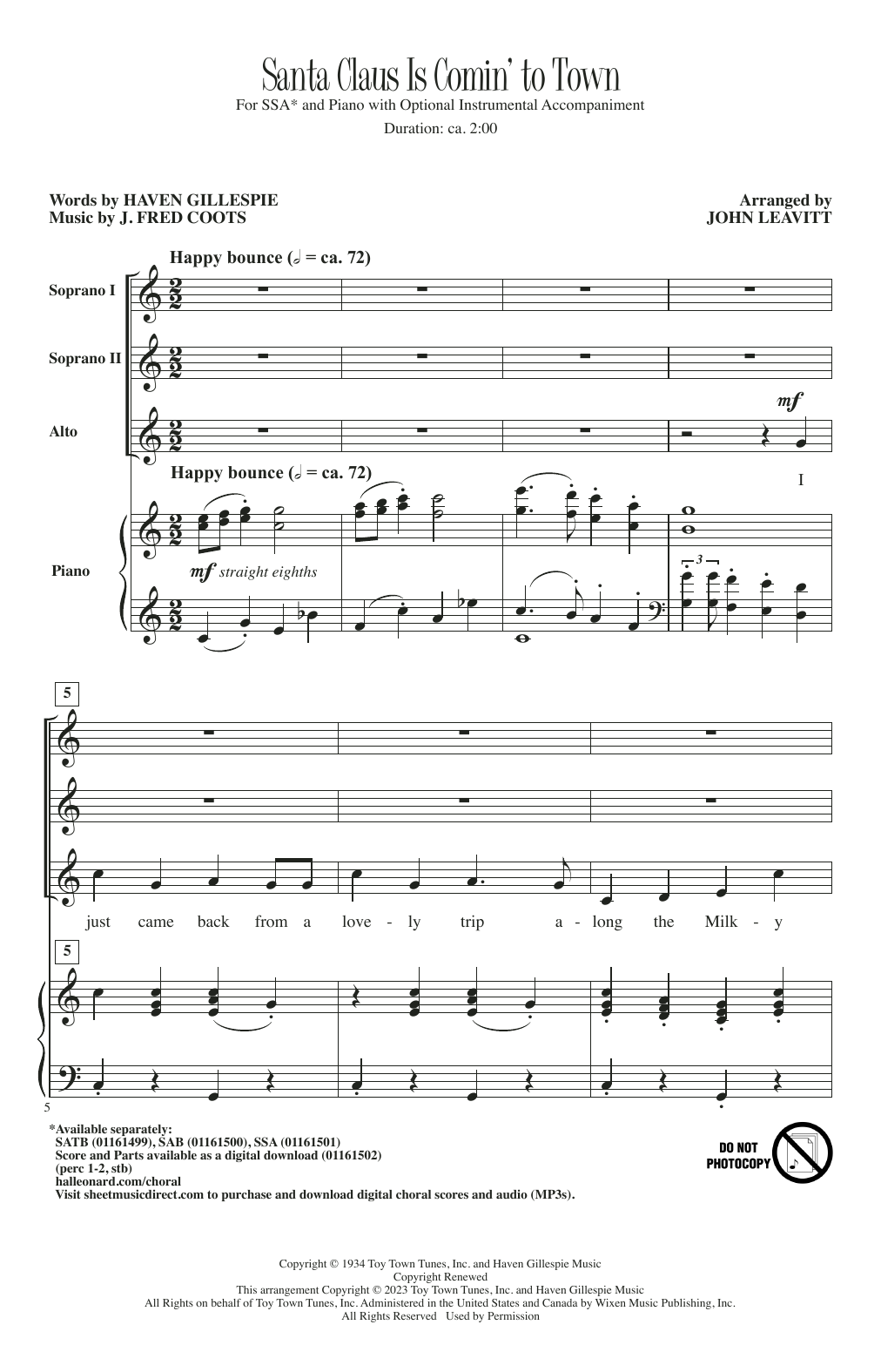 J. Fred Coots Santa Claus Is Comin' To Town (arr. John Leavitt) sheet music notes and chords. Download Printable PDF.