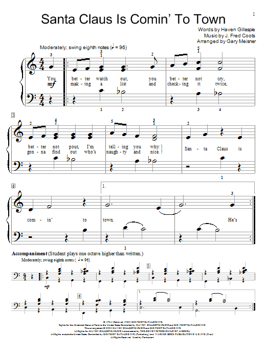 J. Fred Coots Santa Claus Is Comin' To Town sheet music notes and chords. Download Printable PDF.