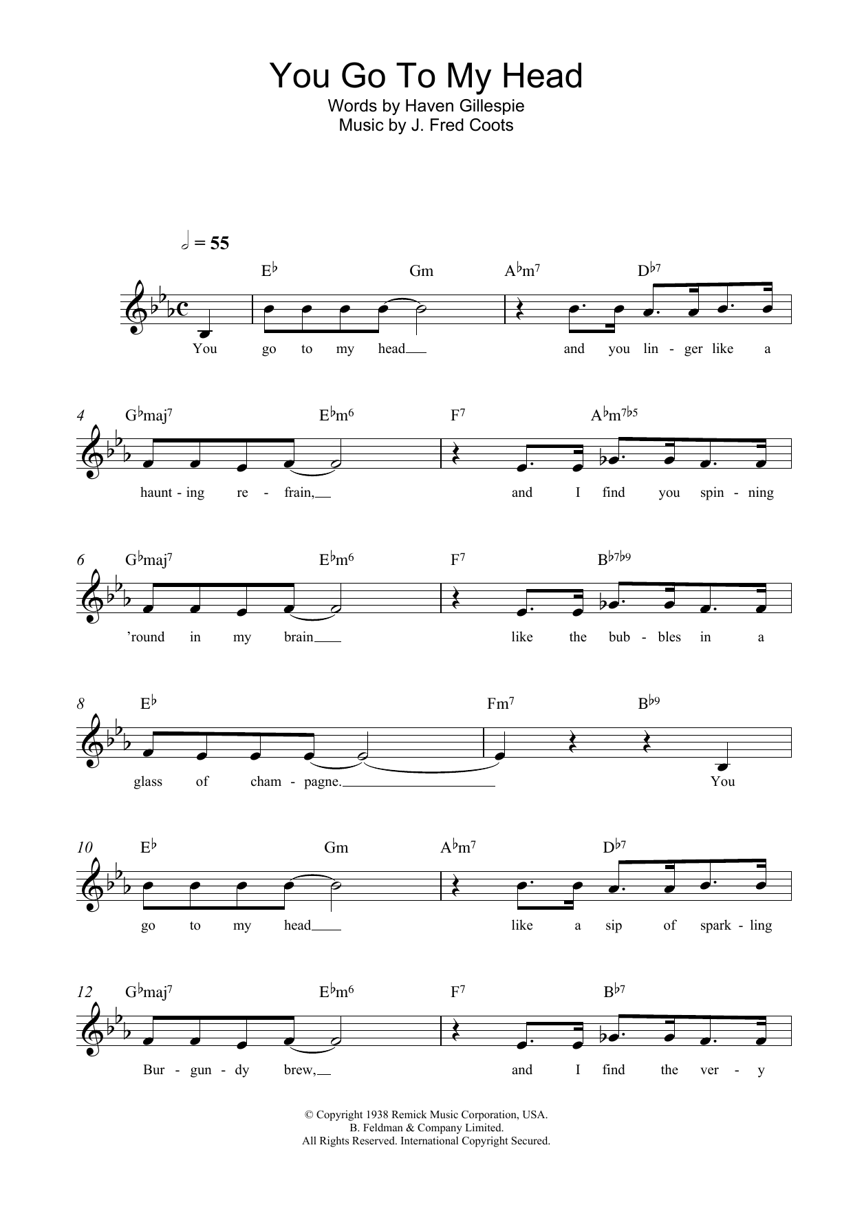 Learn to play J. Fred Coots You Go To My Head sheet music for Lead Sheet / Fake Book in minutes. Price: 5.9900$ J. Fred Coots You Go To My Head sheet music notes and chords arranged for Lead Sheet / Fake Book