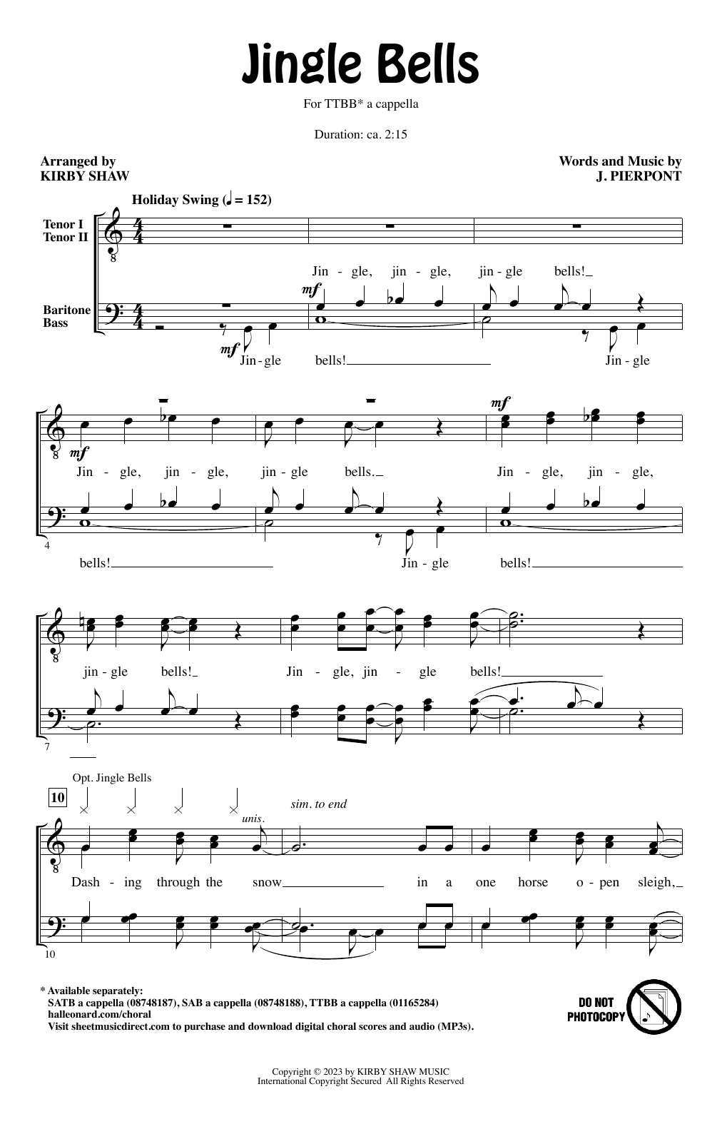 J. Pierpont Jingle Bells (arr. Kirby Shaw) sheet music notes and chords. Download Printable PDF.