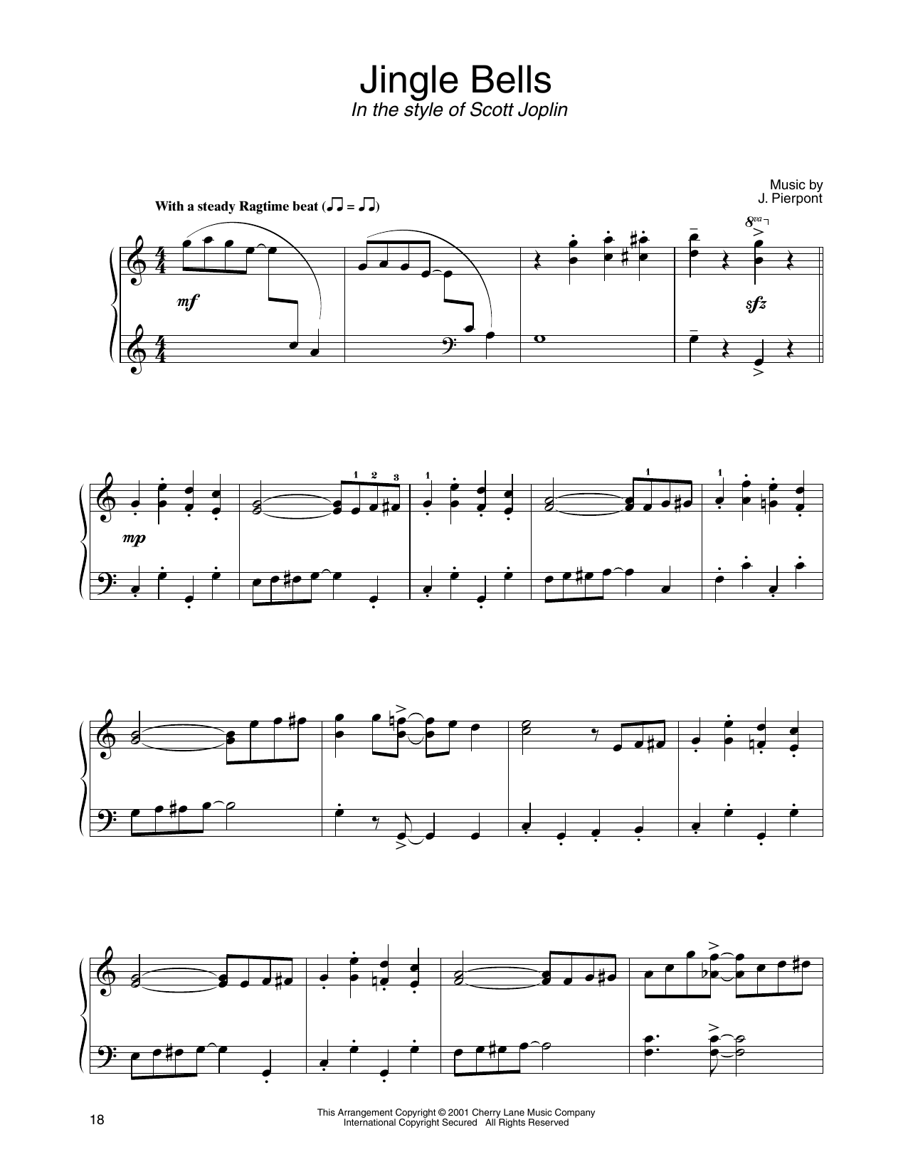 Learn to play J. Pierpont Jingle Bells (in the style of Scott Joplin) (arr. Carol Klose) sheet music for Piano Solo in minutes. Price: 7.8900$ J. Pierpont Jingle Bells (in the style of Scott Joplin) (arr. Carol Klose) sheet music notes and chords arranged for Piano Solo